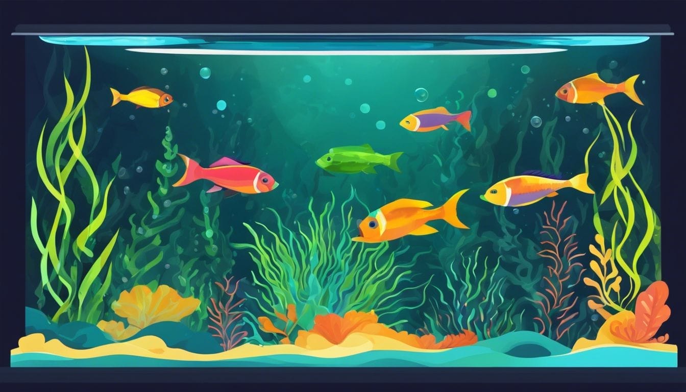 A school of colorful algae-eating fish swimming in a clean aquarium.