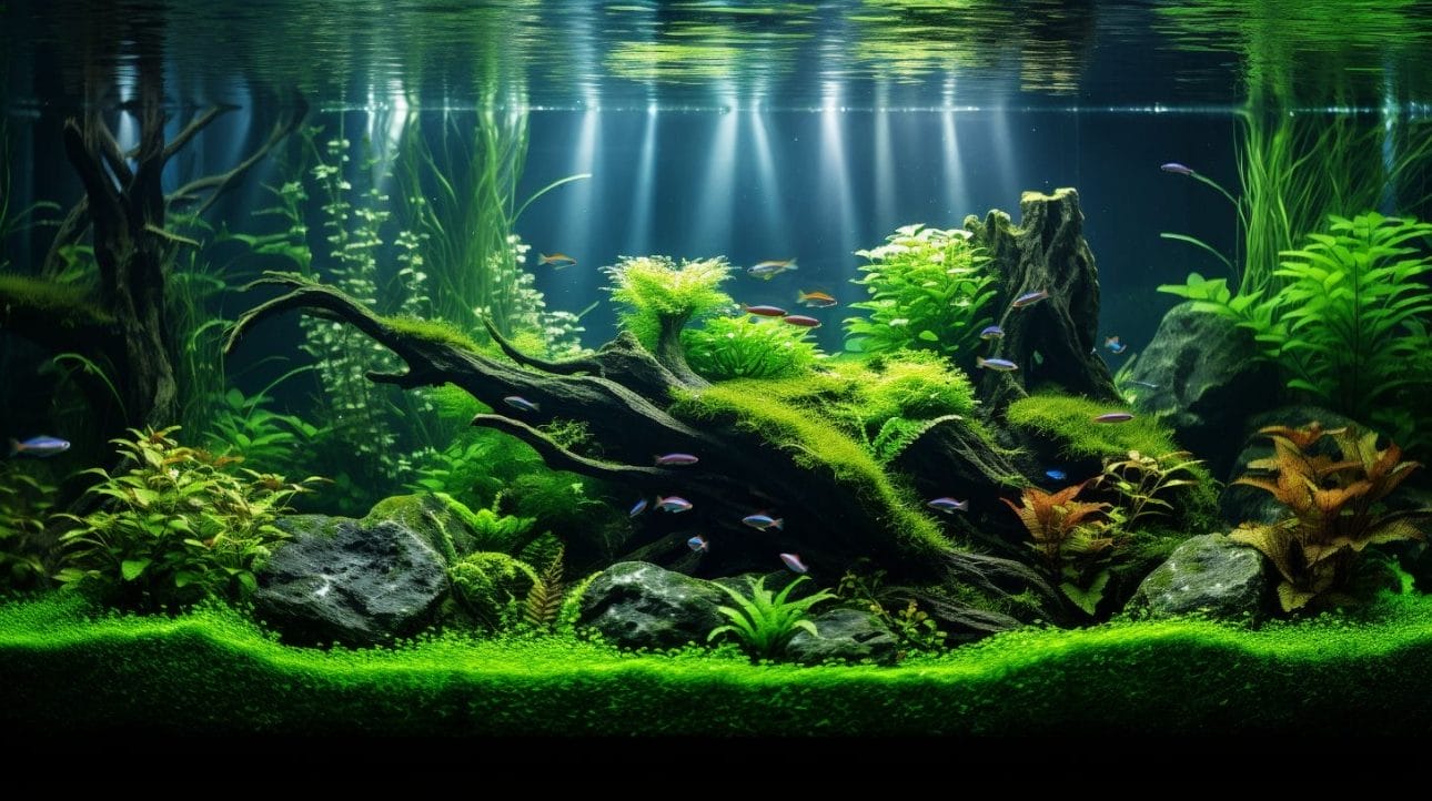 A vibrant underwater aquarium landscape with lush carpet plants.