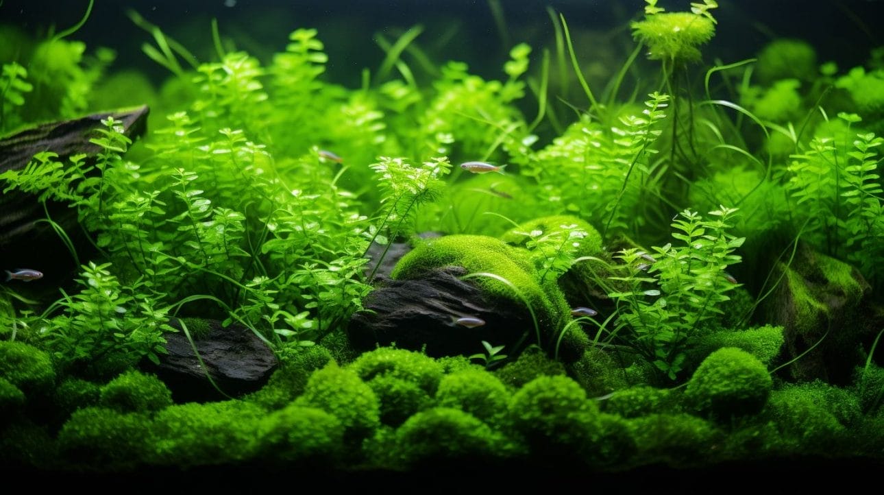 Vibrant green plants in well-maintained aquarium carpet captured with macro lens Best Carpeting Plants for Aquarium.