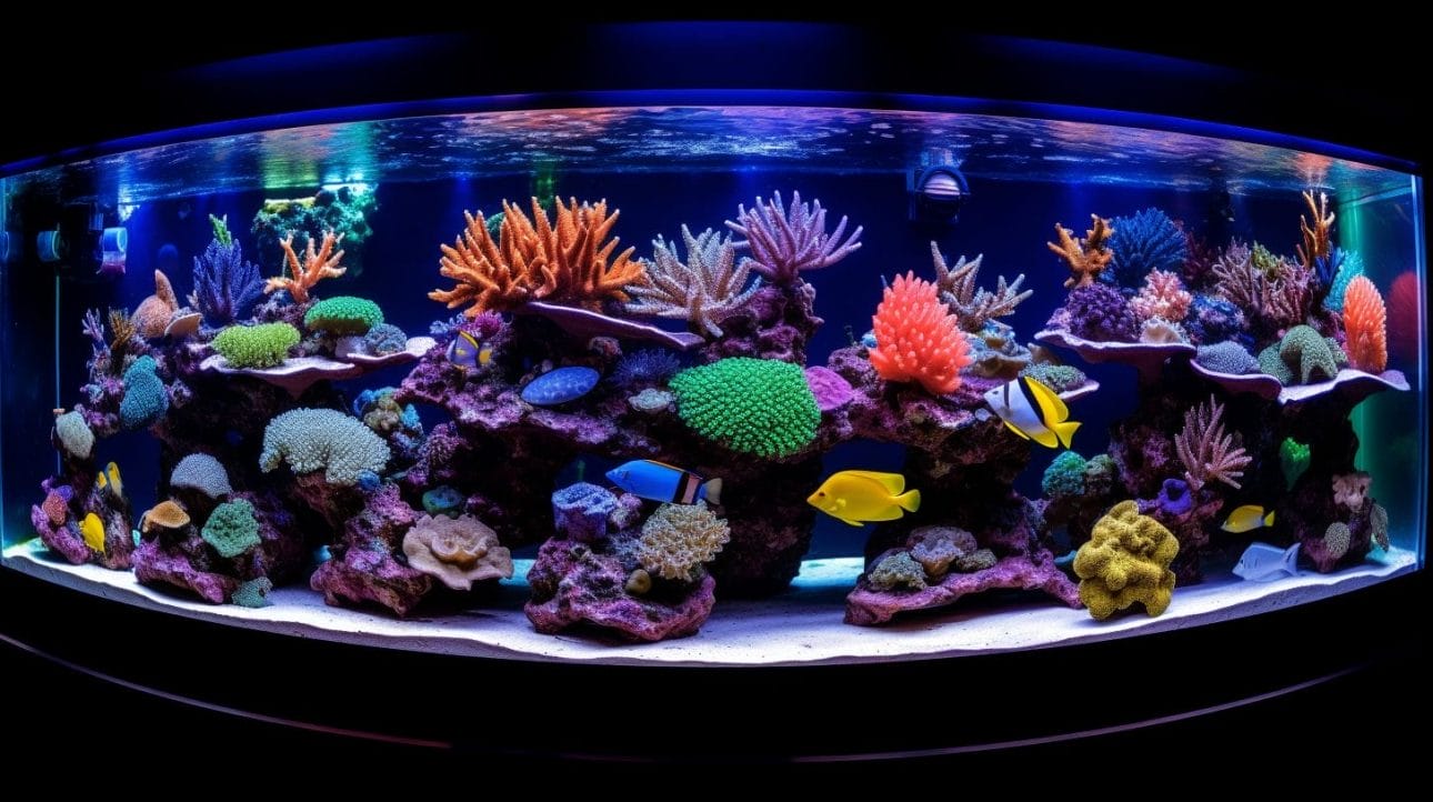 A vibrant coral reef tank with colorful LED lights.