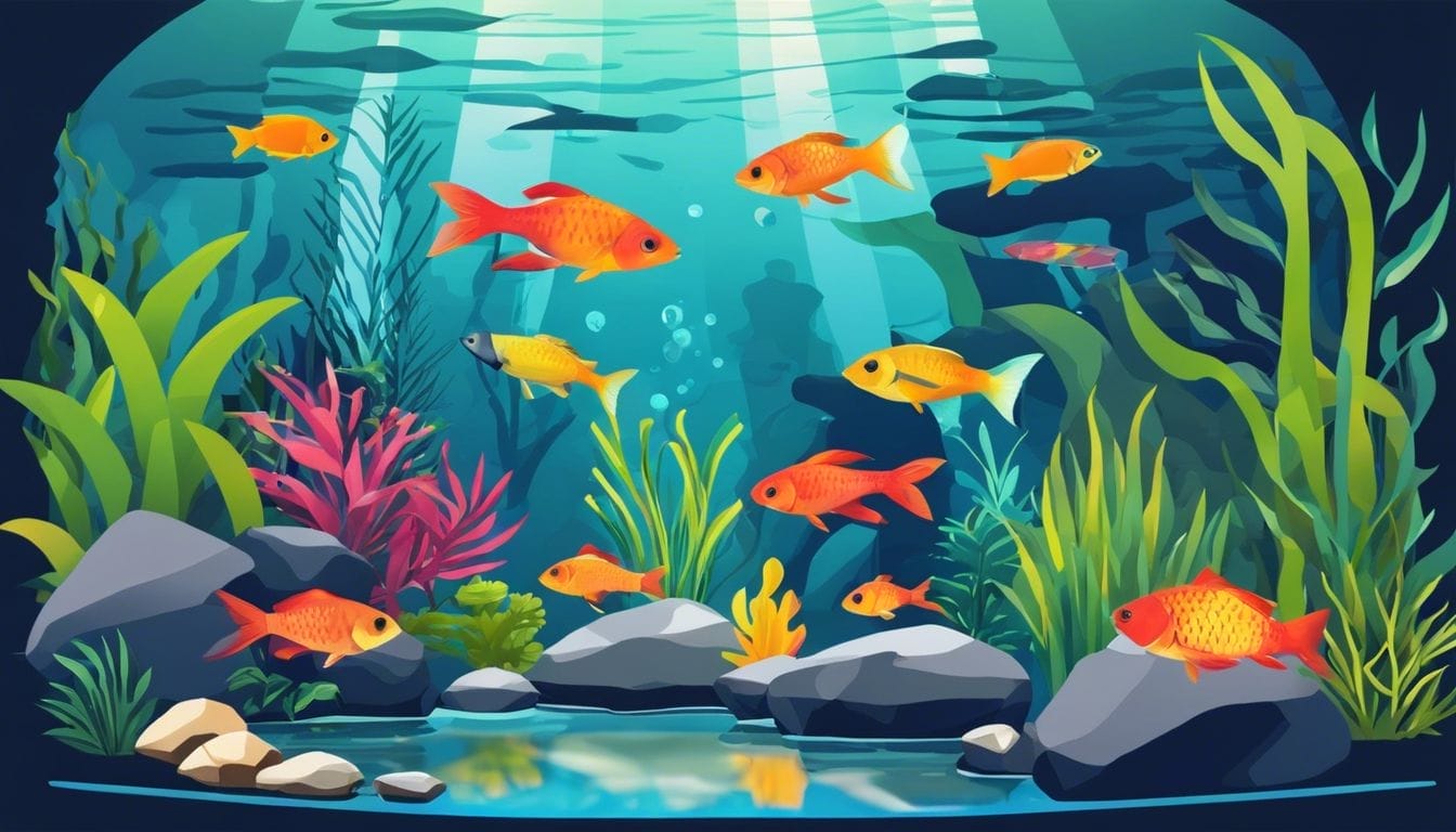 A group of colorful freshwater fish swimming in a vibrant tank.