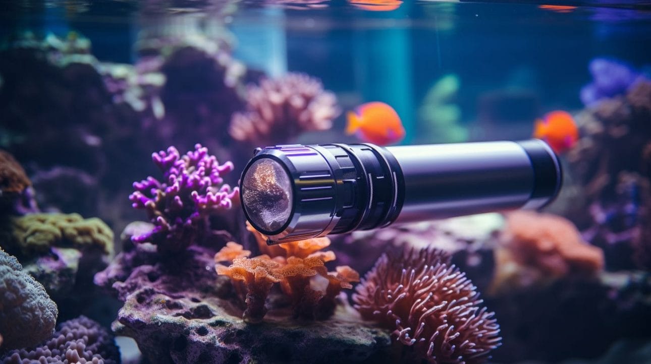 A titanium aquarium heater in a saltwater reef tank.