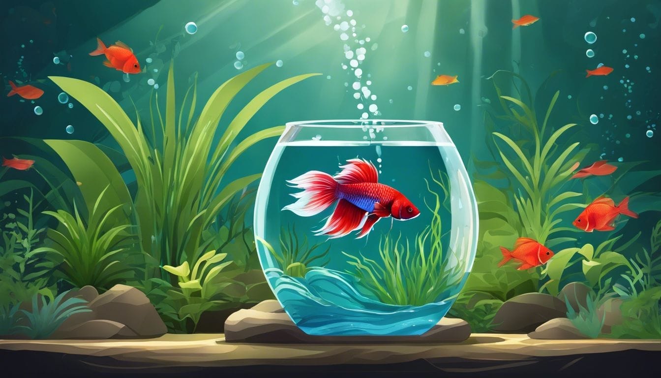 A Betta fish gracefully swimming in a purified tank with aquatic plants.