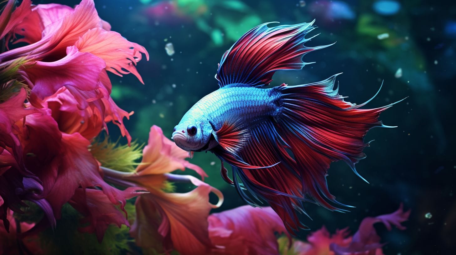 A betta fish swims among vibrant aquatic plants in nature.