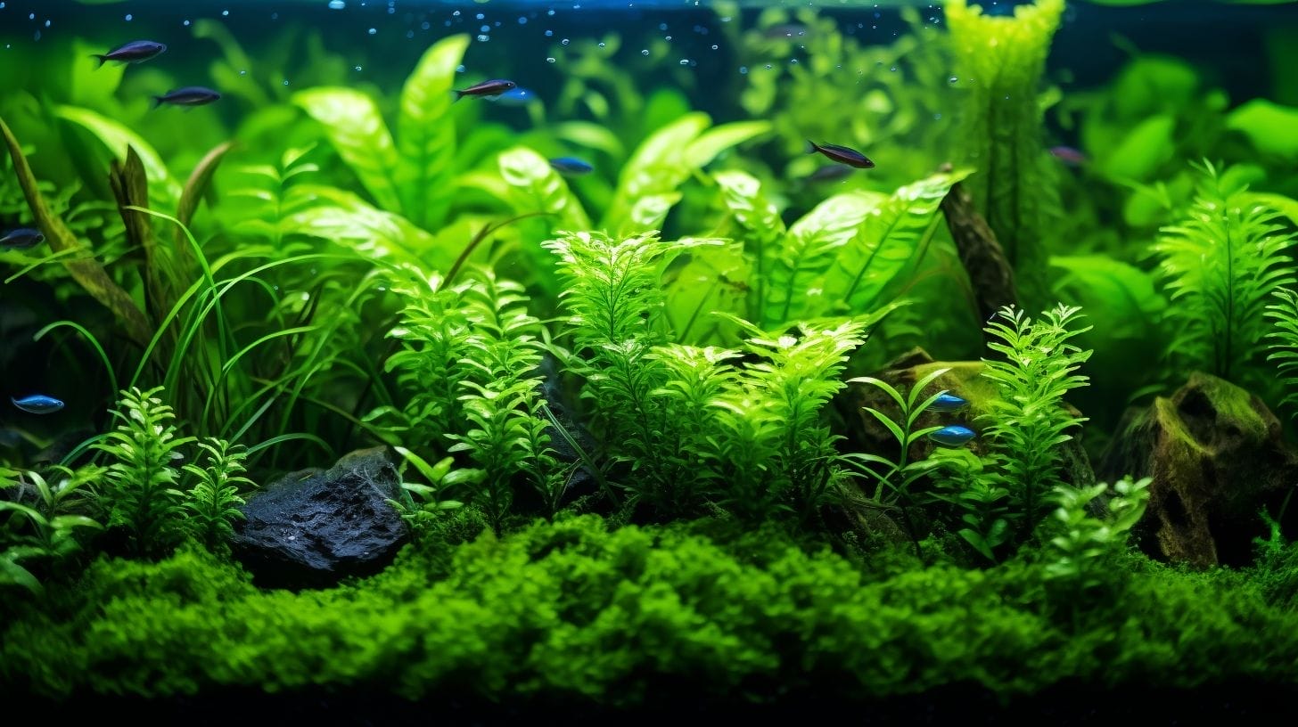 A lush carpet of Monte Carlo plants in a well-maintained aquarium.