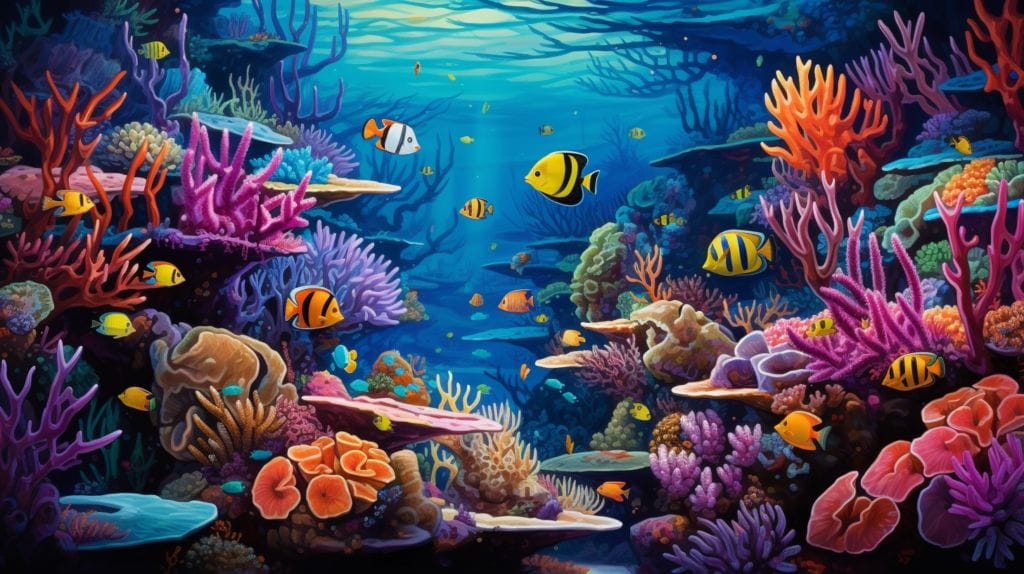 Vibrant underwater landscape with colorful coral and exotic fish.