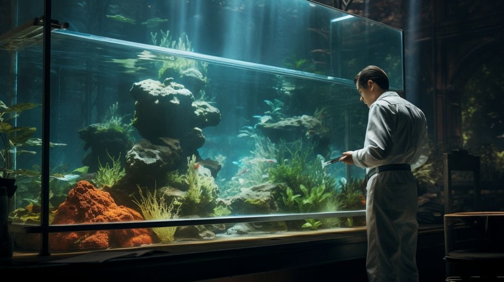 A person wearing a lab coat leaning over an aquarium, examining how to make soft water for aquarium.