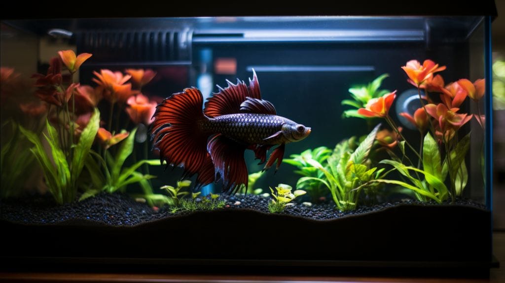 A 10-gallon Betta fish tank with live plants and essential equipment.
