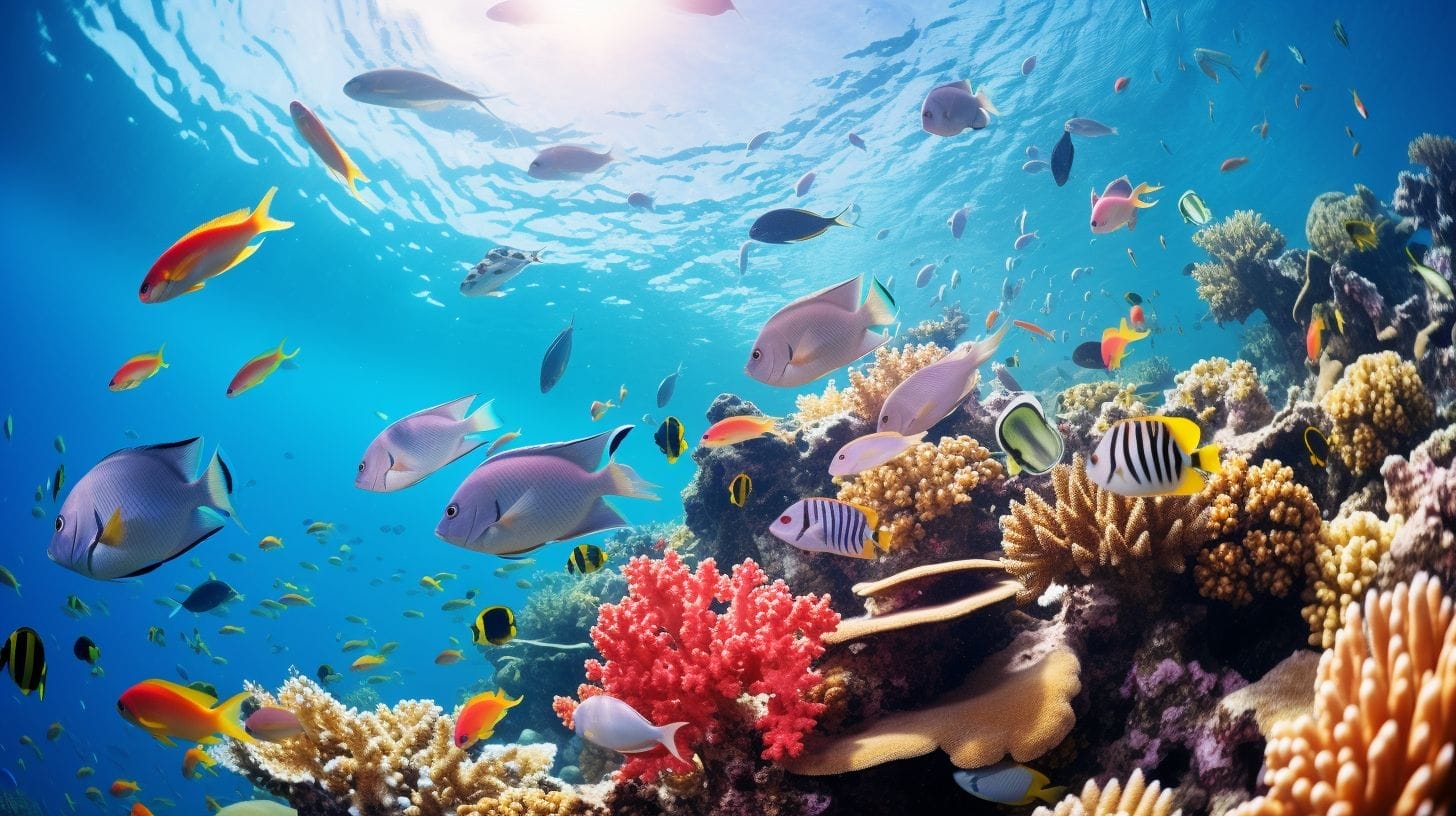 Fishes swimming under the sea with corals around.