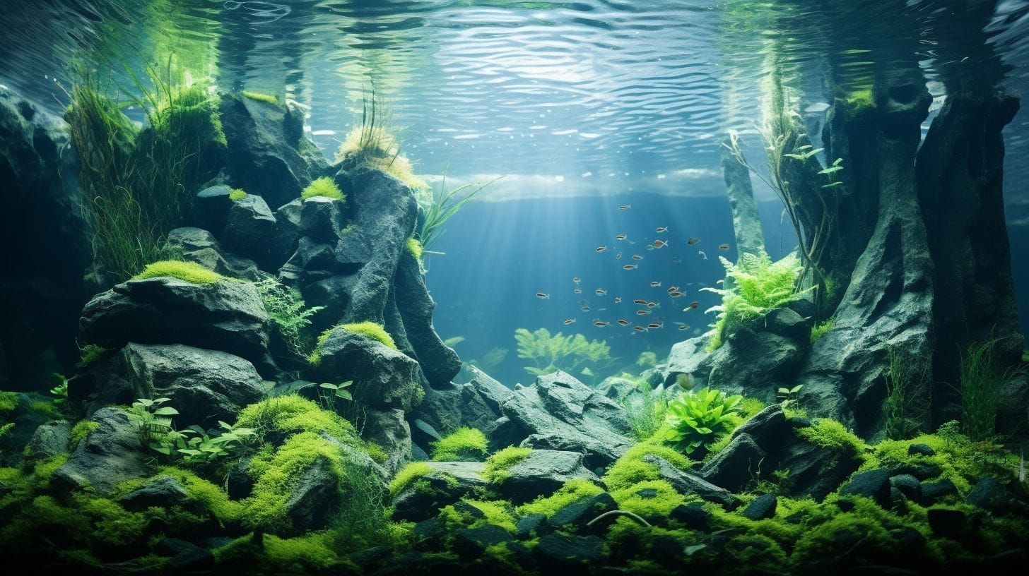 An aquarium with green algae on its surface.