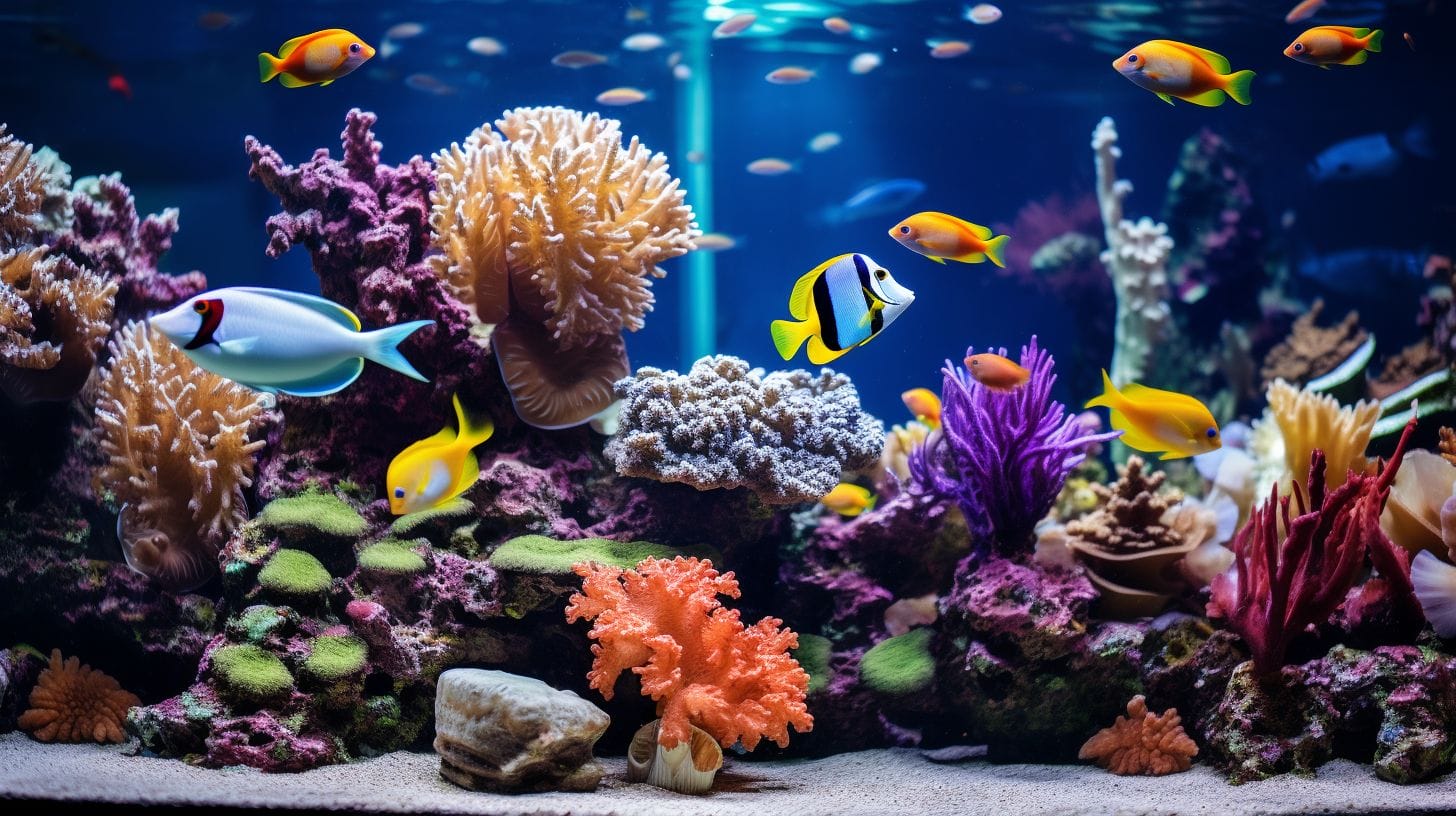 A vibrant aquarium with various colorful fish.