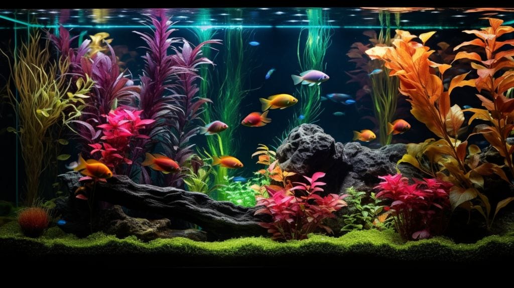 Lush vegetation, colorful fish, and natural elements in an aquarium.