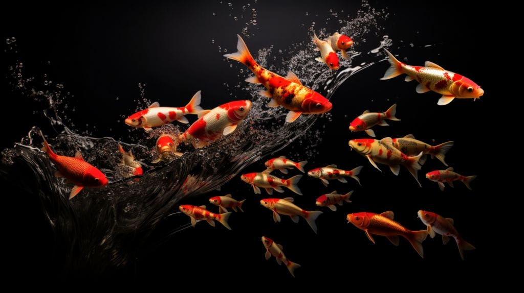Koi fishes in different sizes swimming.