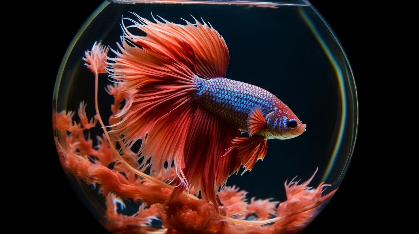 A beta fish inside an empty fish bowl.