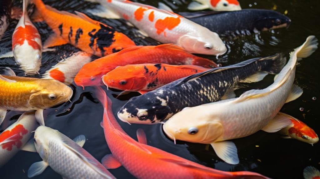 Koi fishes swimming in a pond.
