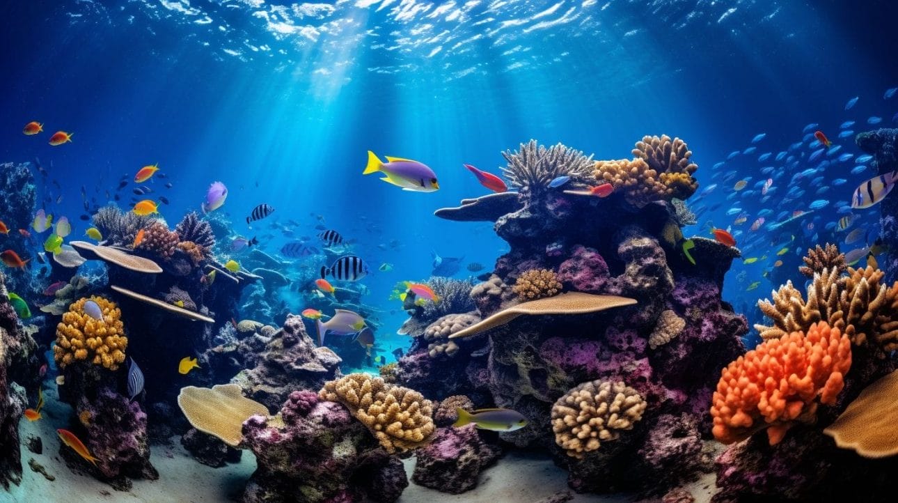 A beautiful coral reef display in an aquarium captured with a wide-angle lens.