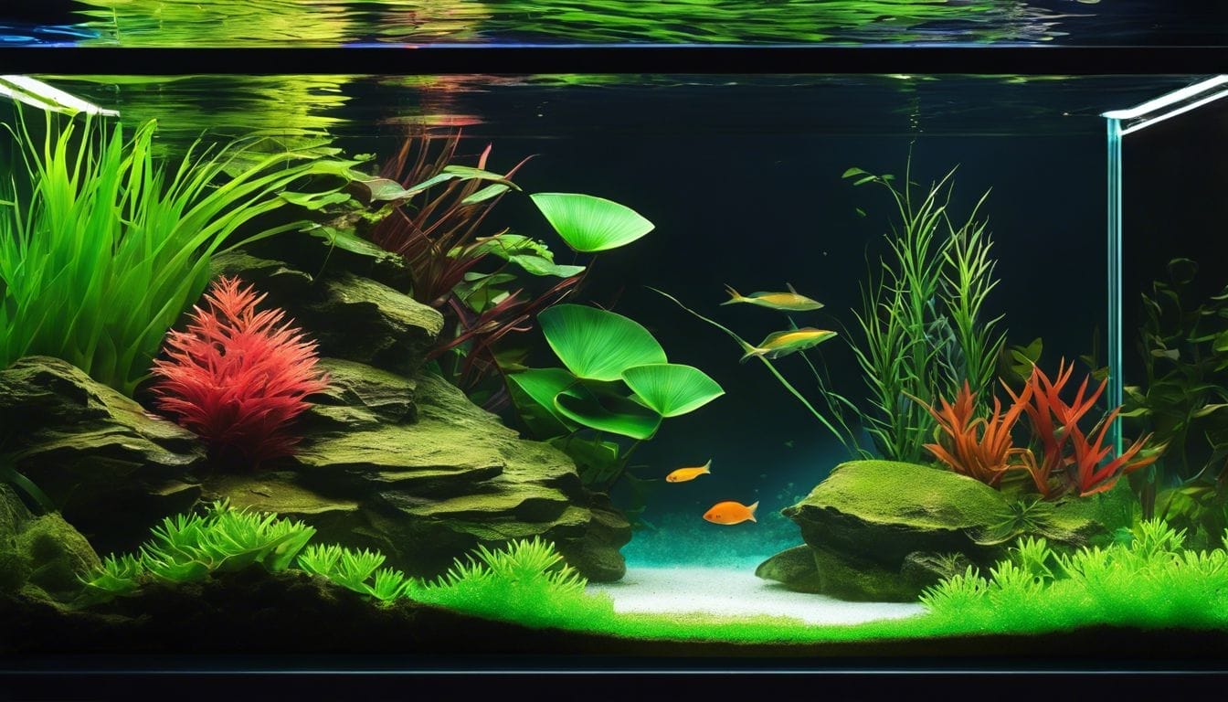 A small aquarium with thriving aquatic plants and clear water.