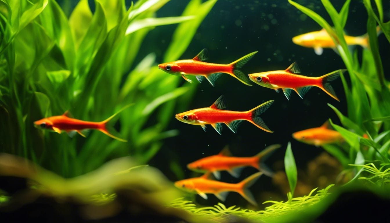 A school of vibrant Chili Rasbora swimming in a densely planted aquarium.