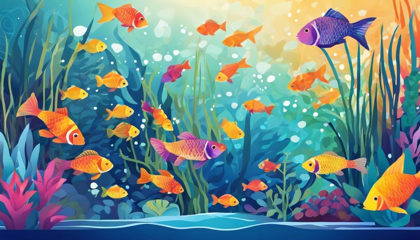 A colorful group of freshwater fish swimming among vibrant aquatic plants.