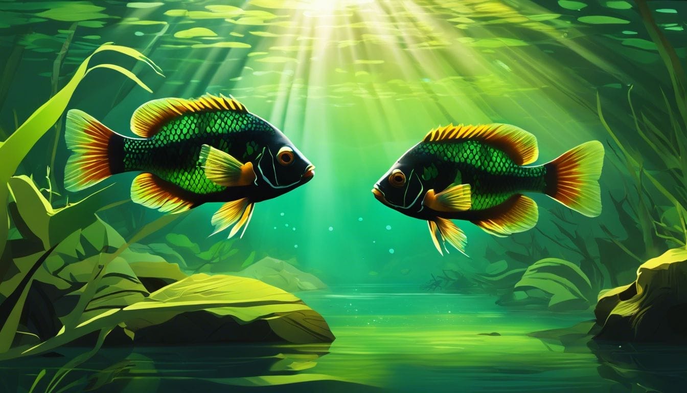 Two Green Terror Cichlids swimming in a clear river.