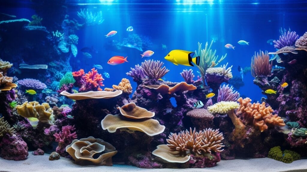 A vibrant saltwater aquarium with diverse marine life.