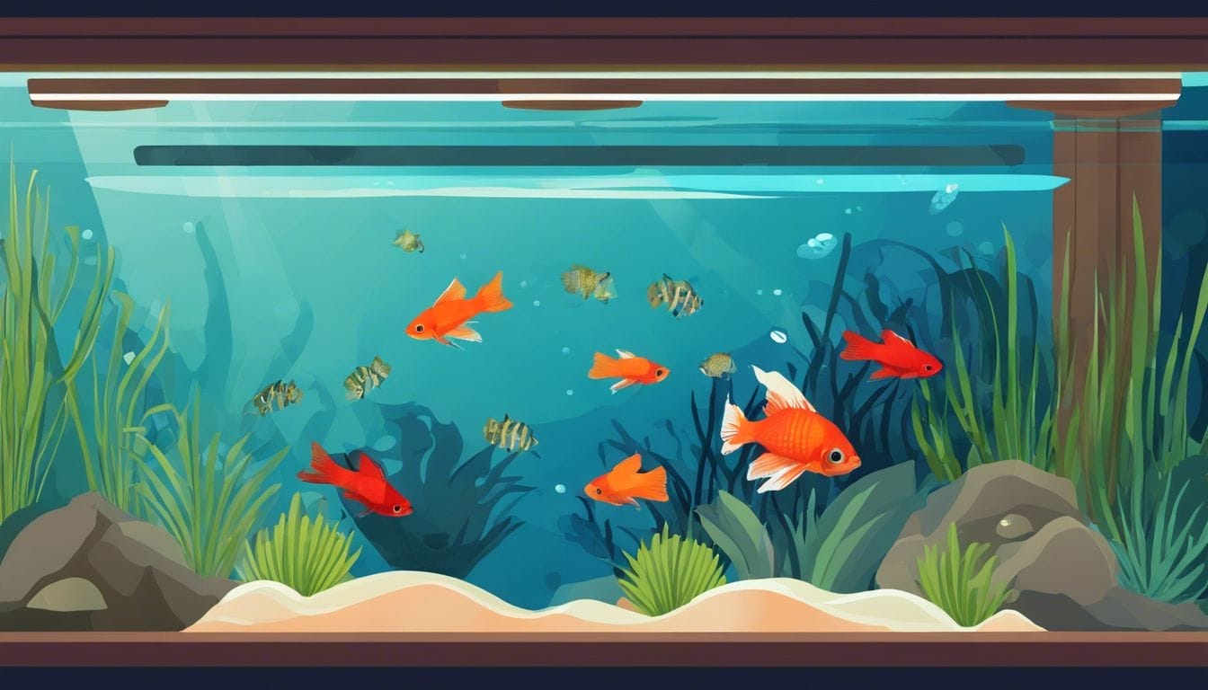 An aquarium showcases plecos and betta fish in a tranquil environment