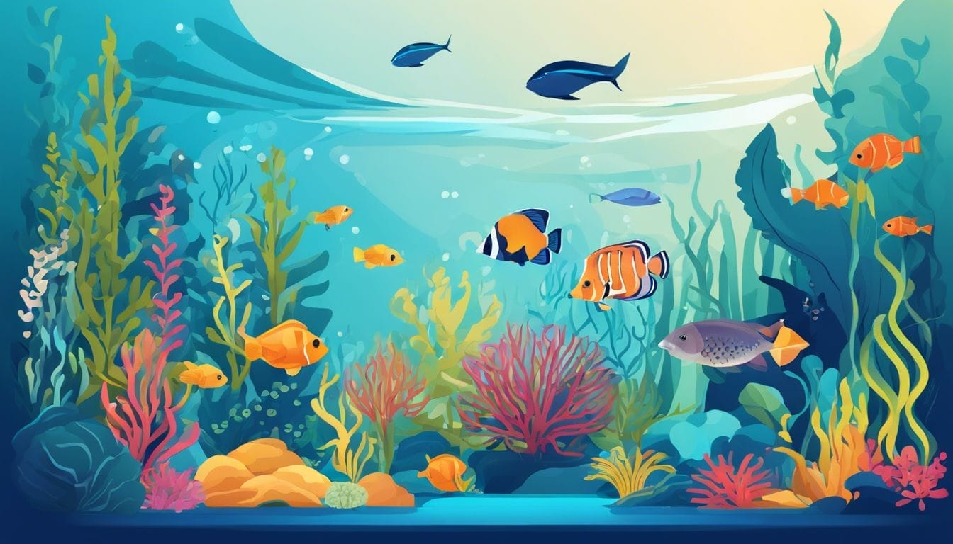 Aquatic animals and plants thriving in a well-maintained fish tank.