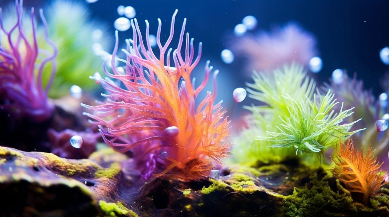 Close-up of colorful algae growth in aquatic habitat captured underwater