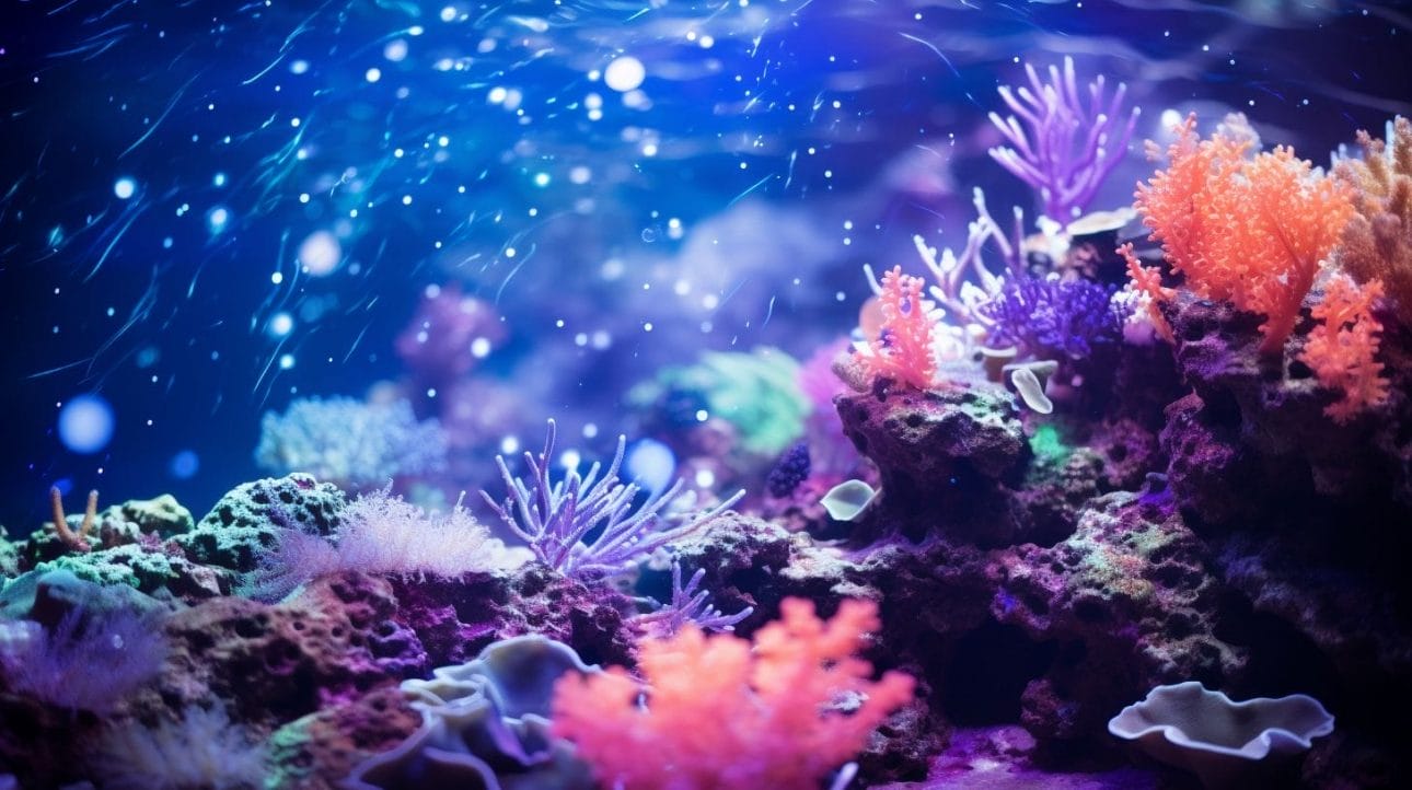 An underwater coral reef illuminated with vibrant LED light.