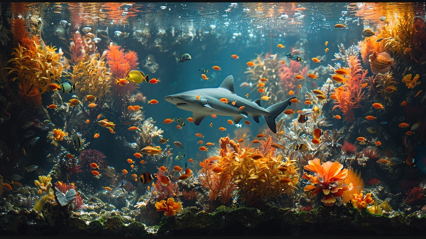 Various fish and a peaceful shark coexisting in a large aquarium tank.