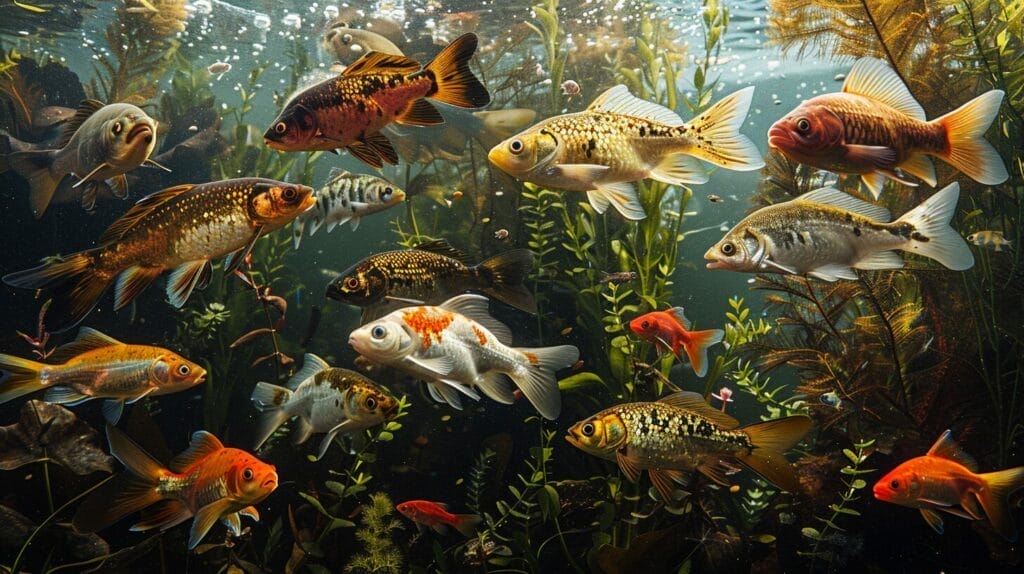 Various fish species consuming a mix of plant-based and animal-based food items, depicting the diversity of their diets