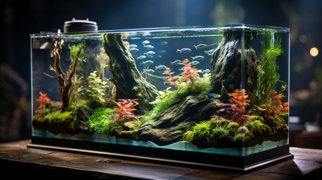 Vibrant aquarium, crystal-clear water, thriving fish, prominent water conditioner.