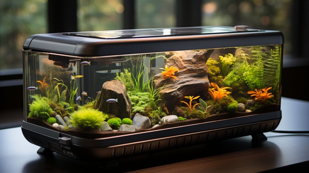 Vibrant aquarium with adjustable heater, fish, plants, and thermometer.