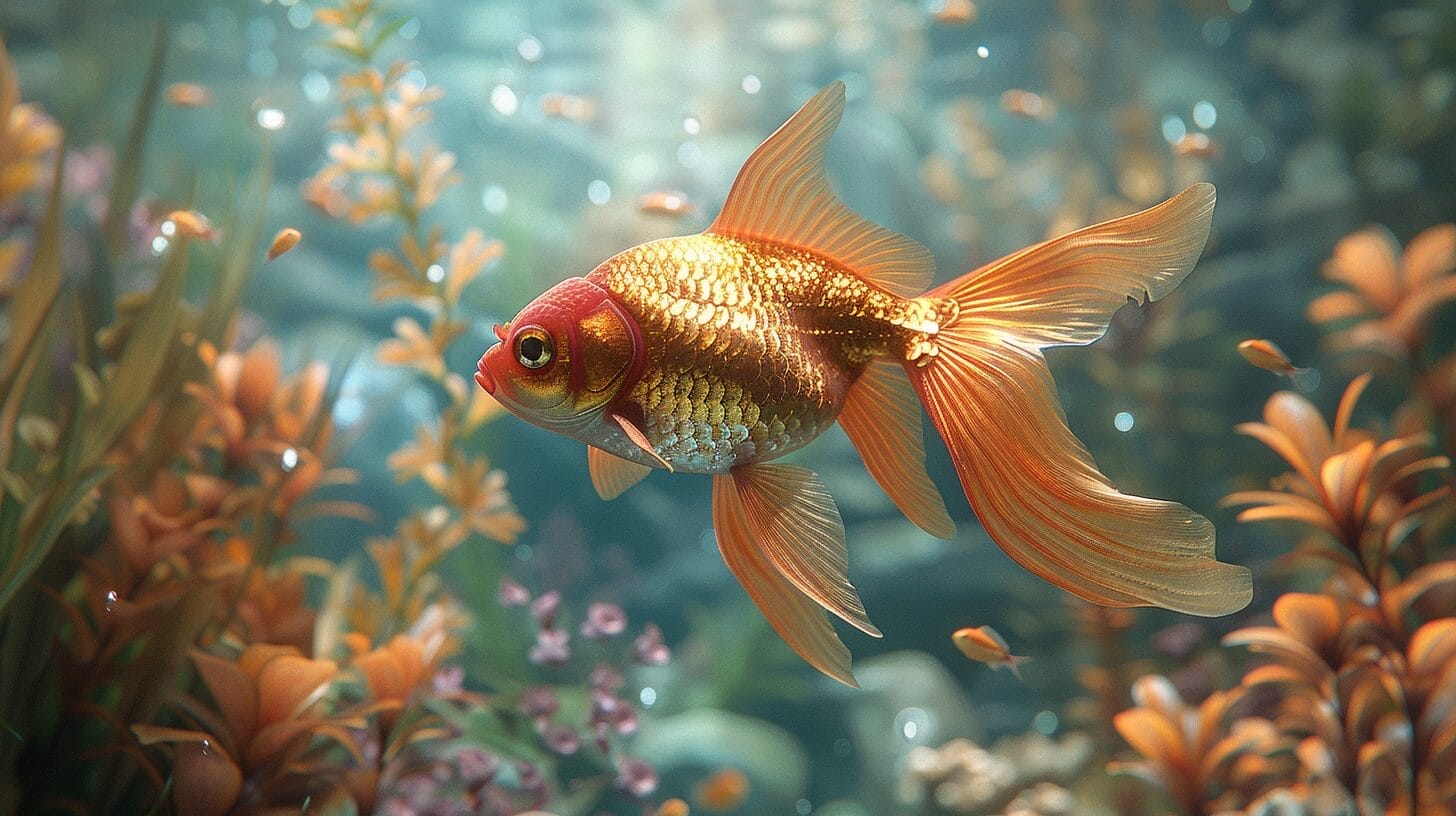Vibrant goldfish in large tank with plants.
