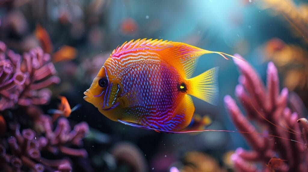 Vibrant tropical fish in colorful aquarium.