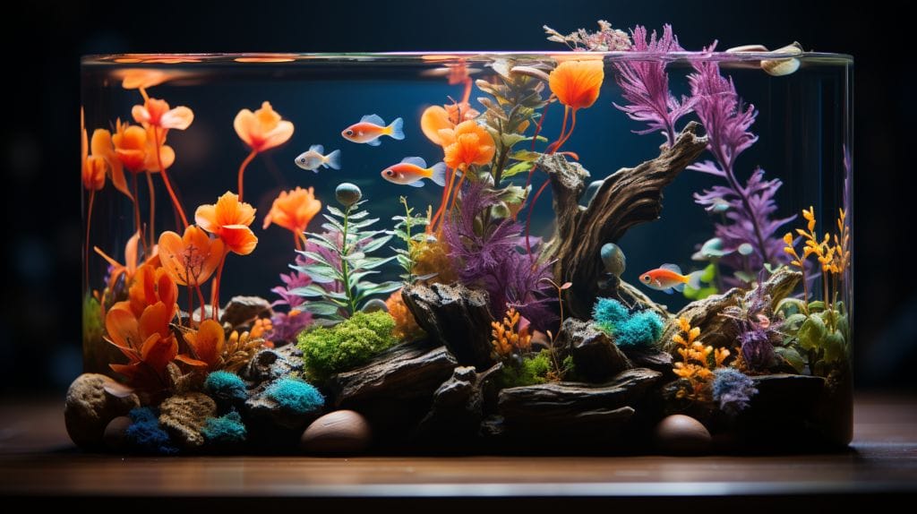 Vibrant underwater scene with a variety of air stones creating bubbles in a colorful fish tank with plants and fish.