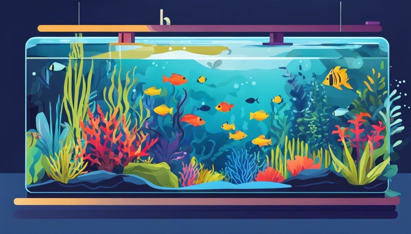 A person tests aquarium water pH levels surrounded by fish and plants.