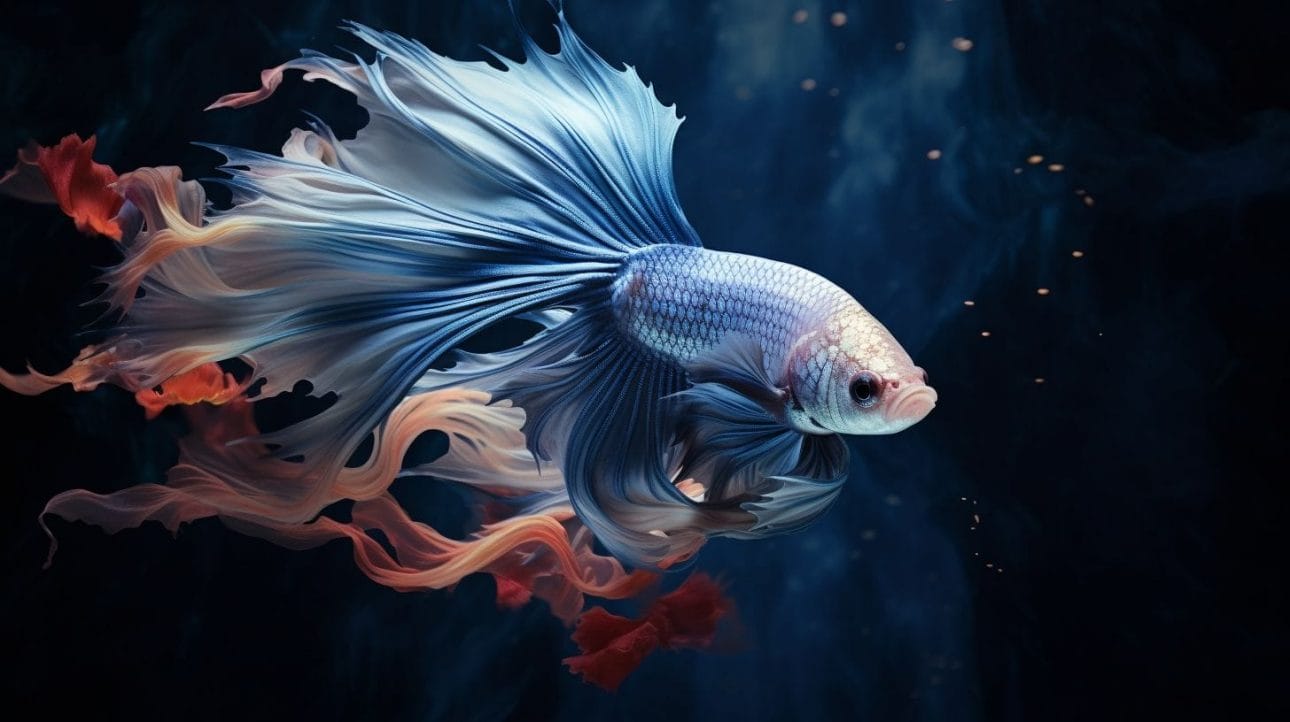 A betta fish gracefully swimming, with the title Dead Betta Fish Float or Sink.