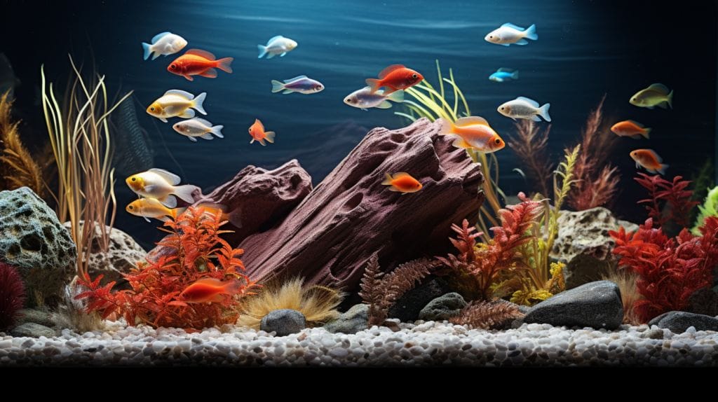  a clear fish tank with varied sizes and colors of gravel, showcasing small fish interacting with the substrate