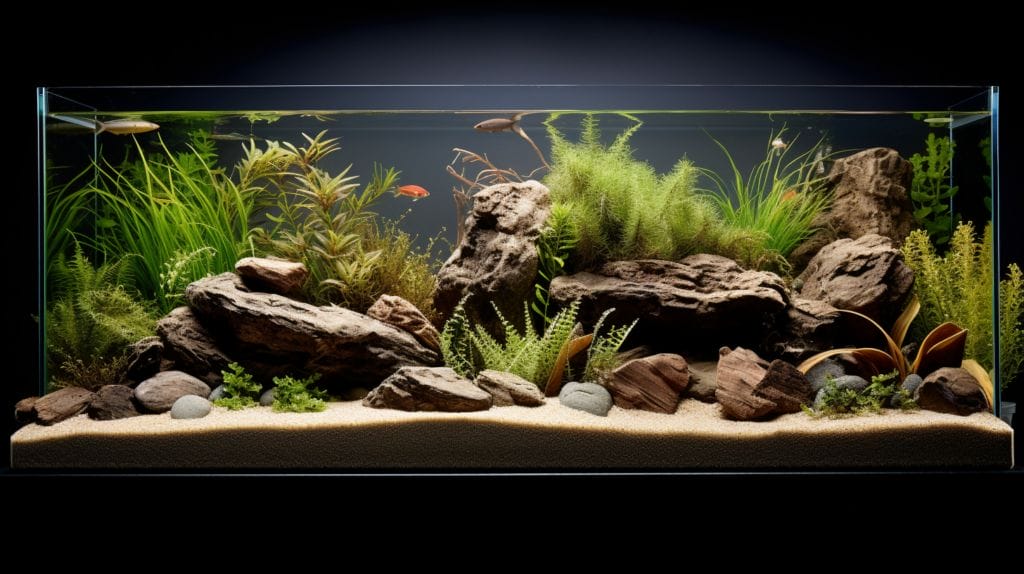 aquarium substrates with distinct textures and colors, including fine sand, coarse gravel