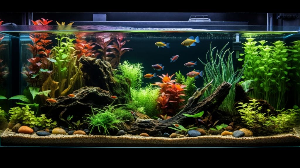 crystal-clear fish tank with diverse, colorful gravel, a siphon vacuuming debris, and thriving aquatic plants surrounded by happy fish