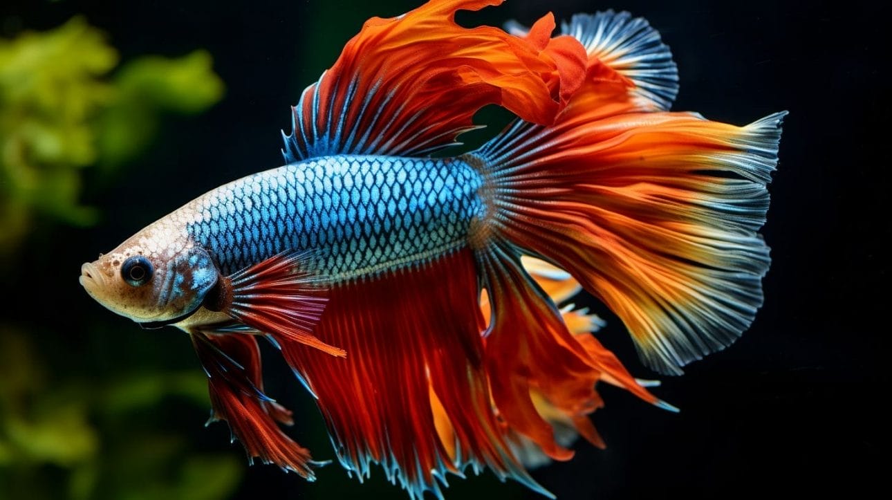 A vibrant betta fish swims in a well-decorated tank.