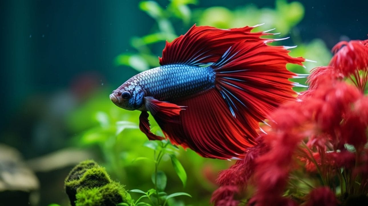 A Betta sorority swimming peacefully in a natural planted tank.