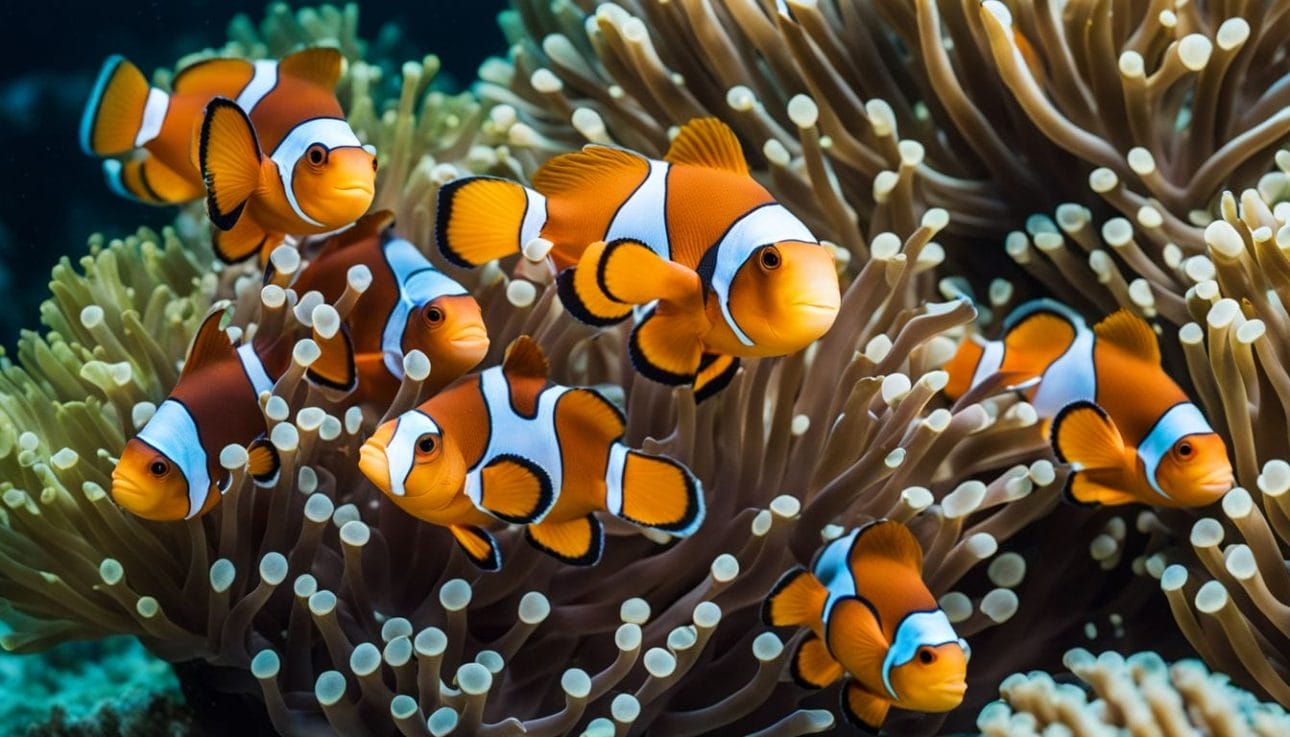 A school of colorful clownfish swimming in a vibrant coral reef.