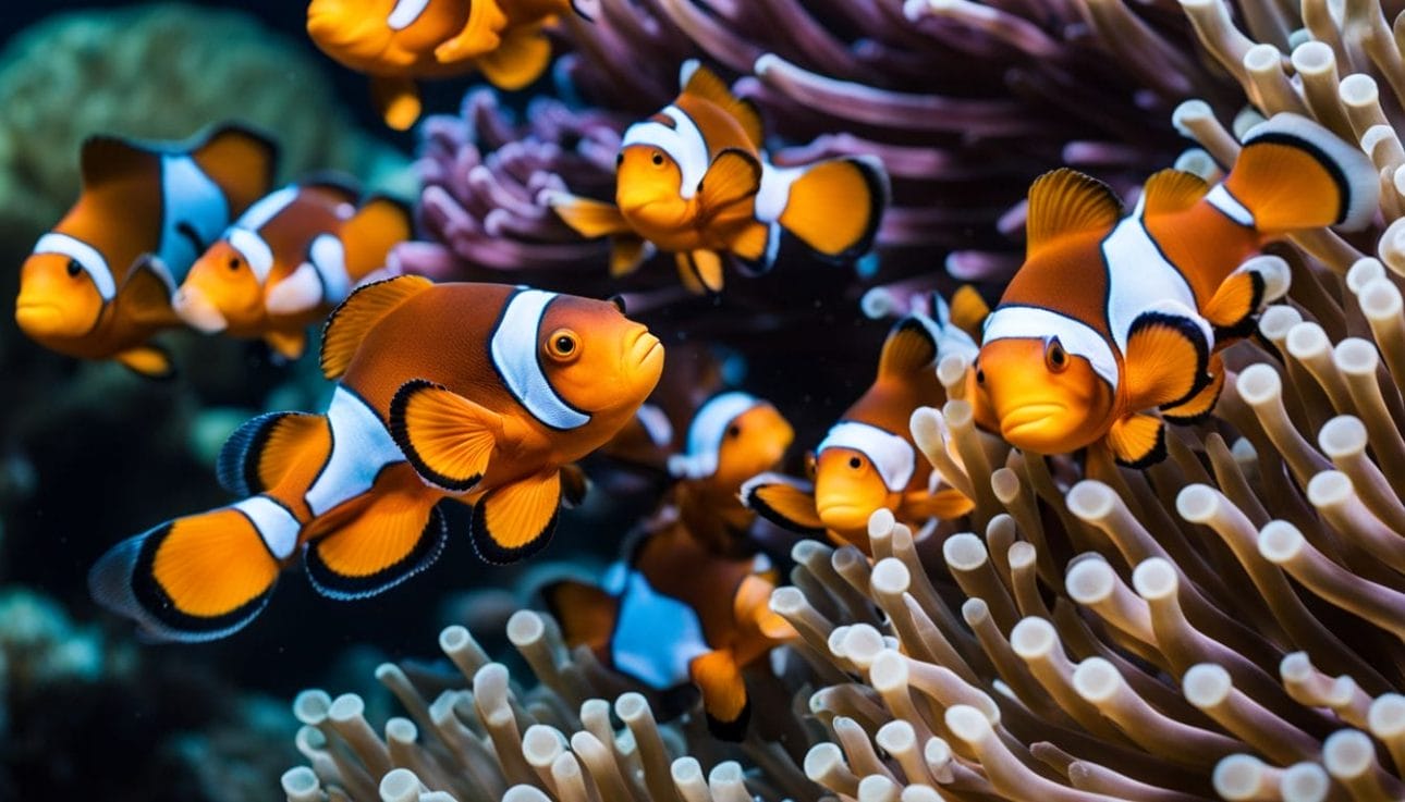A vibrant school of clownfish swimming in a spacious coral reef tank.