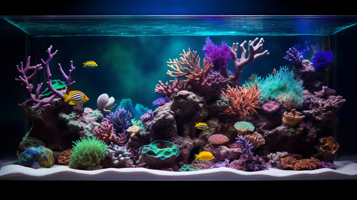 image of a vibrant reef tank, showcasing colorful corals, healthy fish, and a clear water depiction, symbolizing balanced salinity with a hydrometer and a variety of natural sea salts scattered around