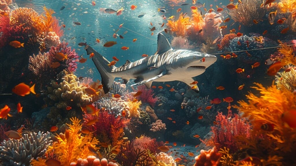 large shark swimming peacefully alongside smaller fish in a vibrant aquarium.