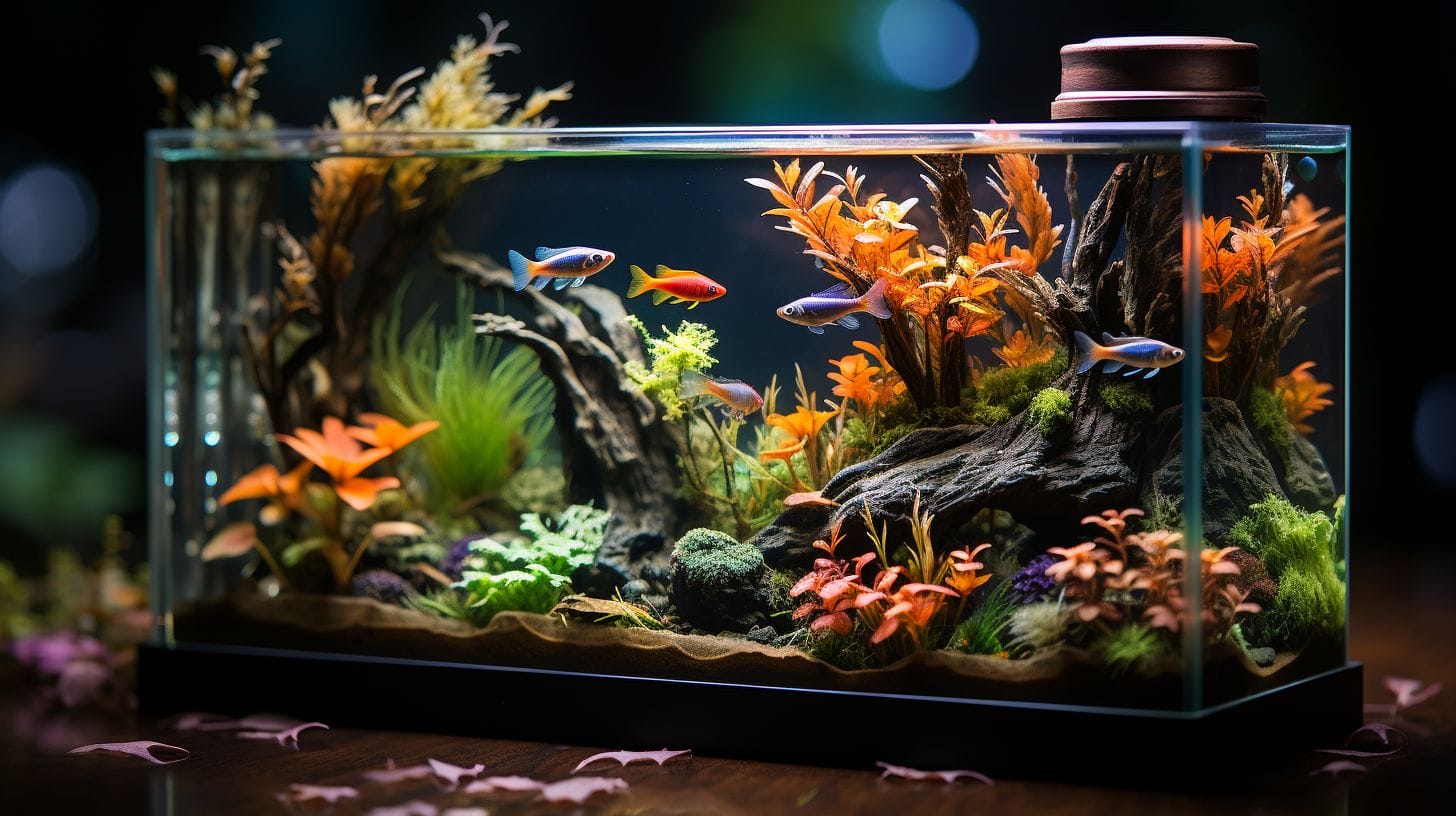 A 20-gallon aquarium filled with colorful fish, surrounded by lush aquatic plants, featuring a prominent, efficient filter ensuring clear water.