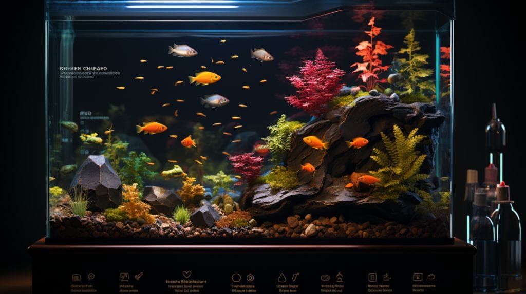 A comparison table displaying different aquarium filters next to a 20-gallon tank, using visual symbols to compare size, design, and filtration attributes.