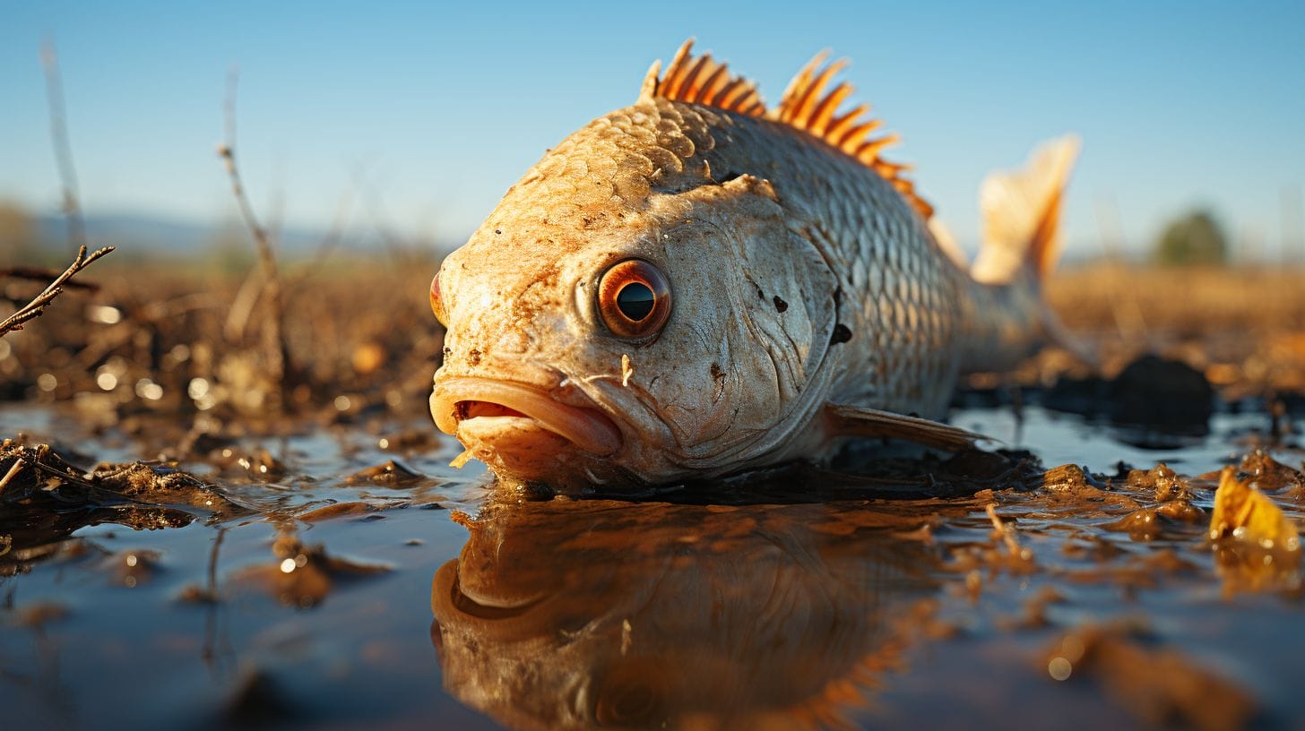A fish gasping for air on dry, cracked earth, with a subtle reflection of a healthy underwater environment in its eye.